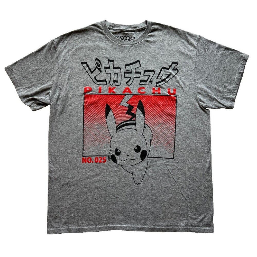 L Gray Pikachu T Shirt, Kanji, Red Black Graphic Print -Pokemon Anime Streetwear